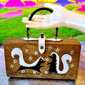 Enid Collins of Texas Vintage 1964 Wooden Box Bag Skunks 2 Cents Worth Signed